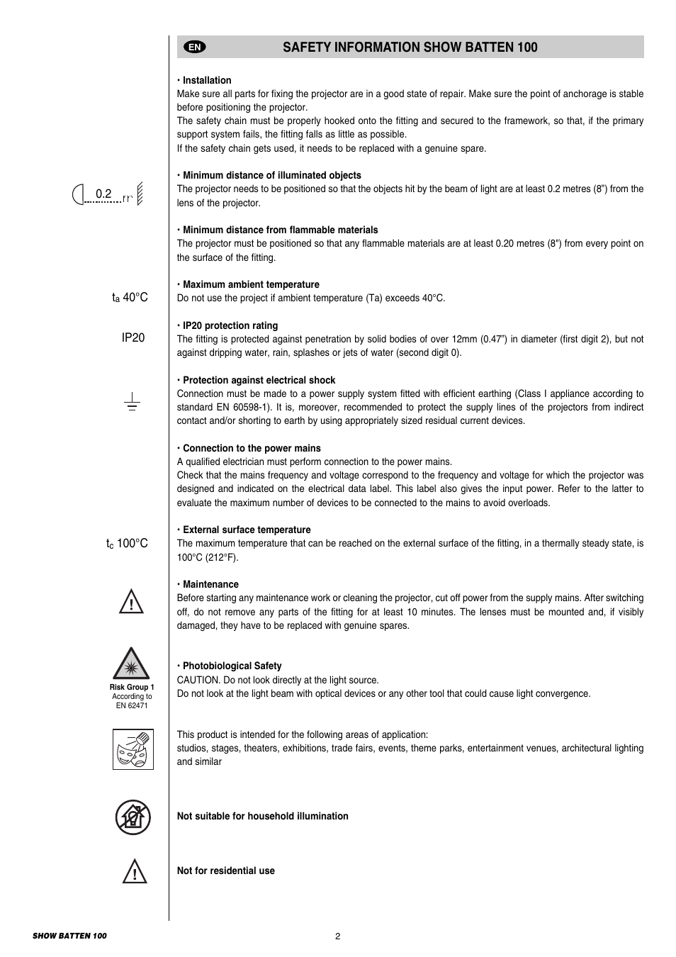 Safety information, Safety information show batten 100 | Clay Paky SHOW BATTEN 100 AS User Manual | Page 2 / 32