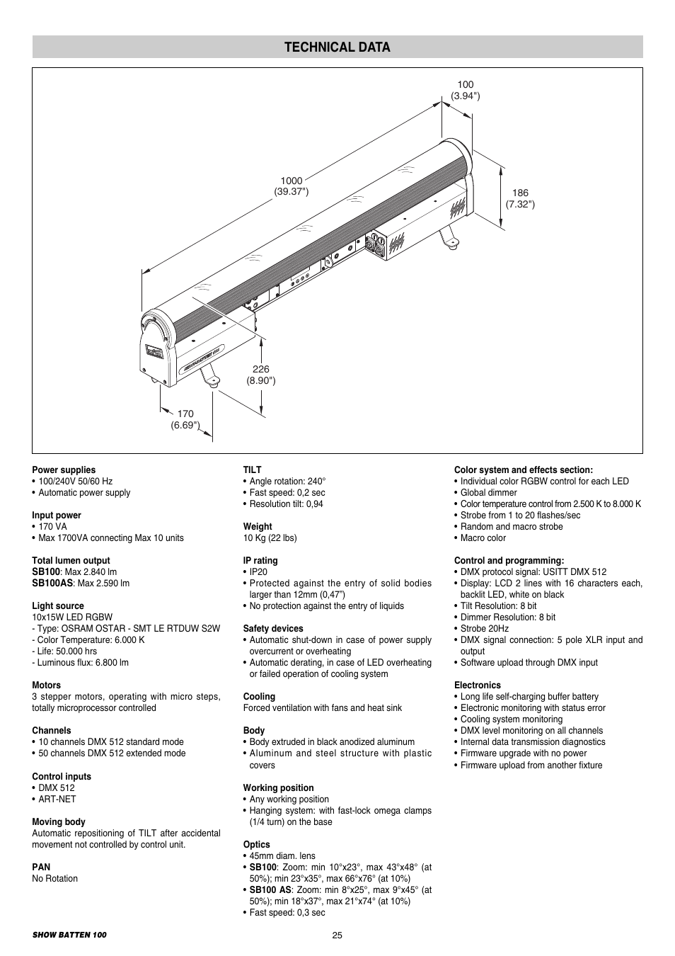 Technical data | Clay Paky SHOW BATTEN 100 AS User Manual | Page 25 / 32