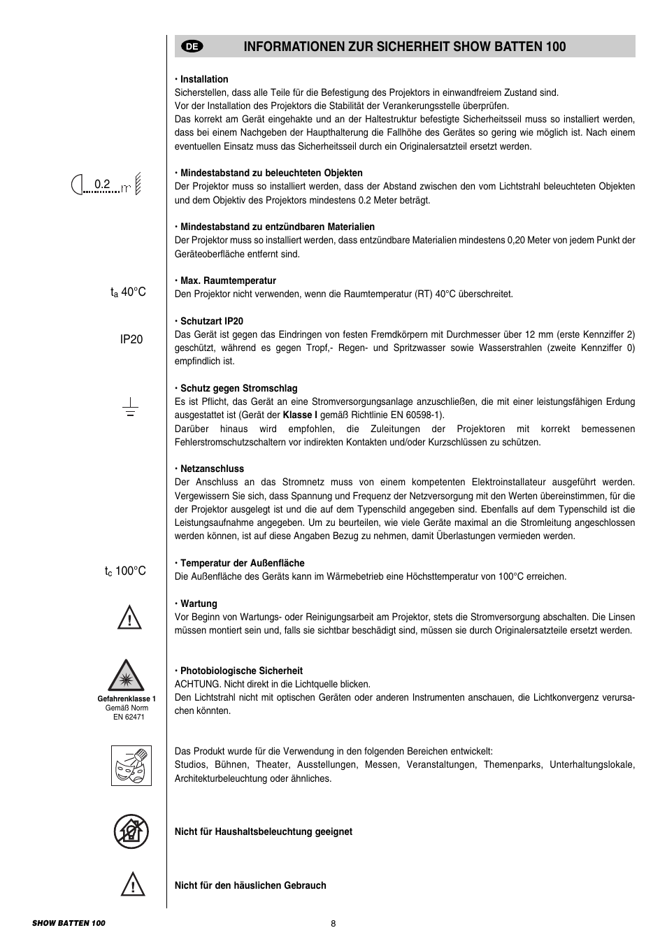 Informationen zur sicherheit, Informationen zur sicherheit show batten 100 | Clay Paky SHOW BATTEN 100 AS User Manual | Page 8 / 32