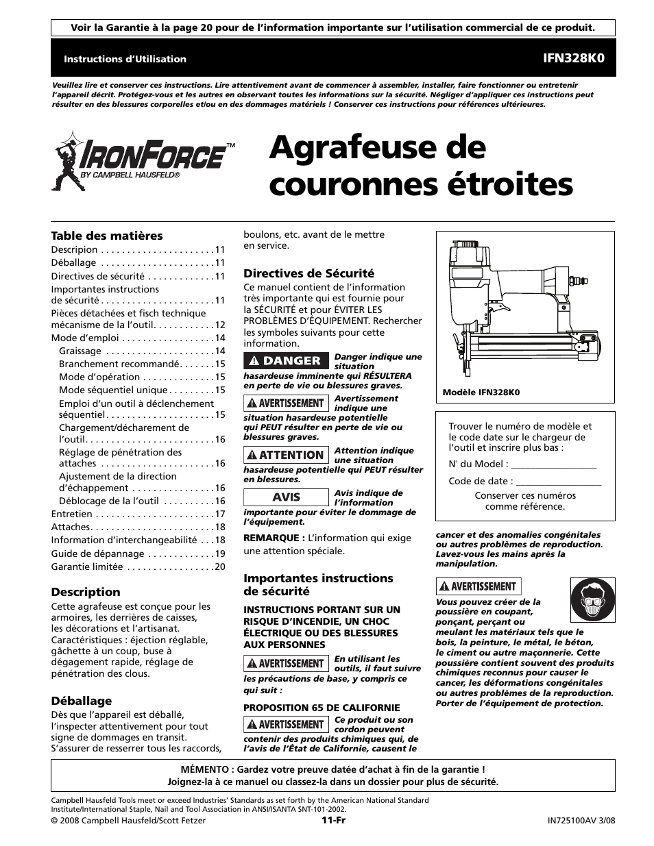 Agrafeuse de couronnes étroites, Ifn328k0 | Campbell Hausfeld IFN328K0 User Manual | Page 11 / 32
