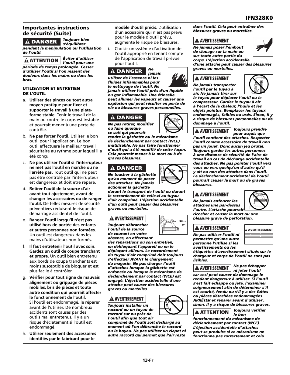 Ifn328k0, Importantes instructions de sécurité (suite) | Campbell Hausfeld IFN328K0 User Manual | Page 13 / 32