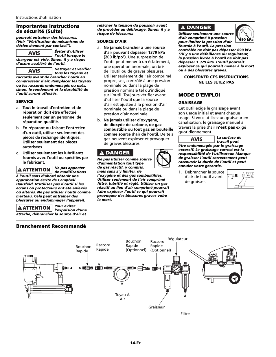 Mode d’emploi, Branchement recommandé, Importantes instructions de sécurité (suite) | Campbell Hausfeld IFN328K0 User Manual | Page 14 / 32