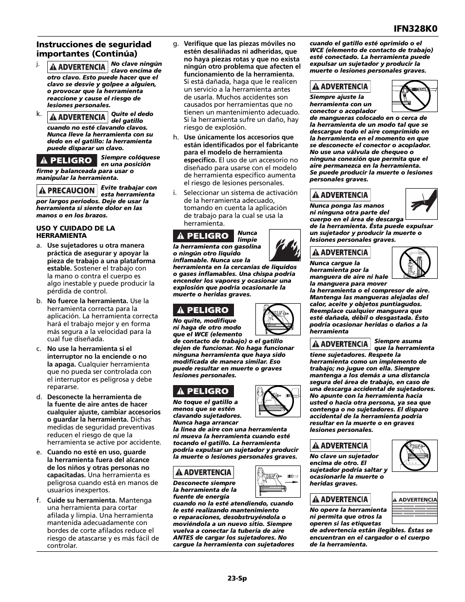 Ifn328k0, Instrucciones de seguridad importantes (continúa) | Campbell Hausfeld IFN328K0 User Manual | Page 23 / 32