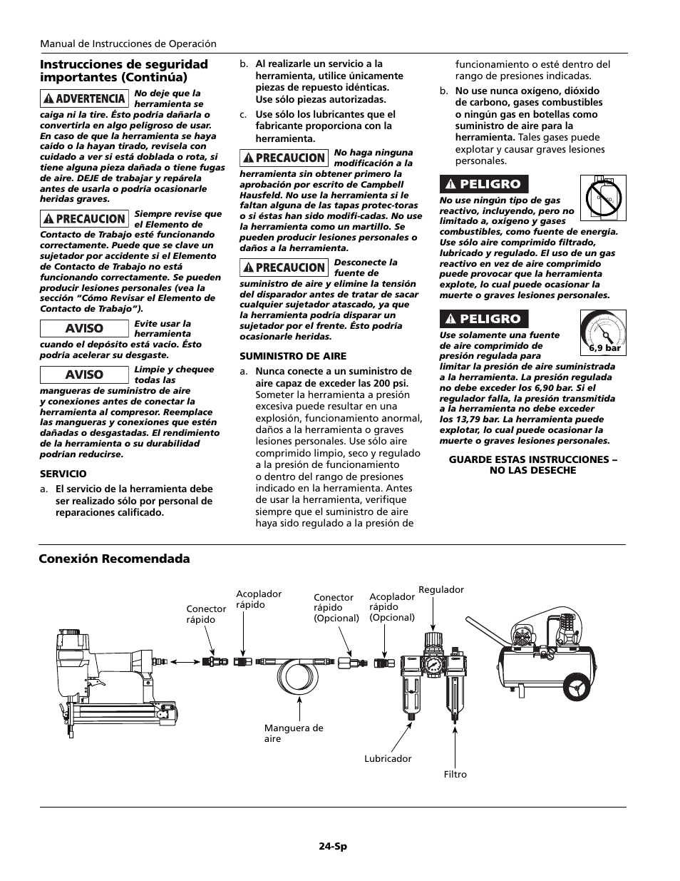 Conexión recomendada, Instrucciones de seguridad importantes (continúa) | Campbell Hausfeld IFN328K0 User Manual | Page 24 / 32