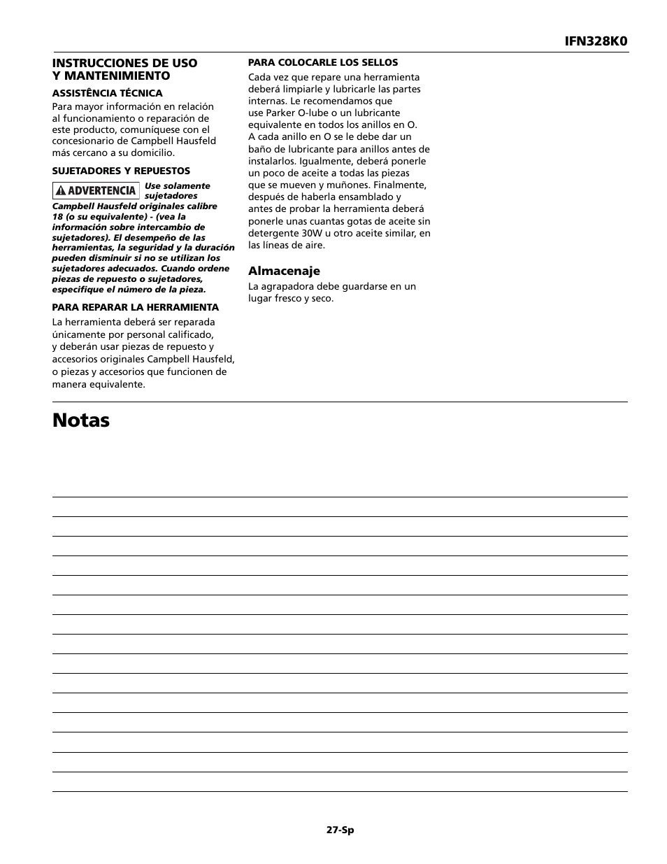 Notas | Campbell Hausfeld IFN328K0 User Manual | Page 27 / 32