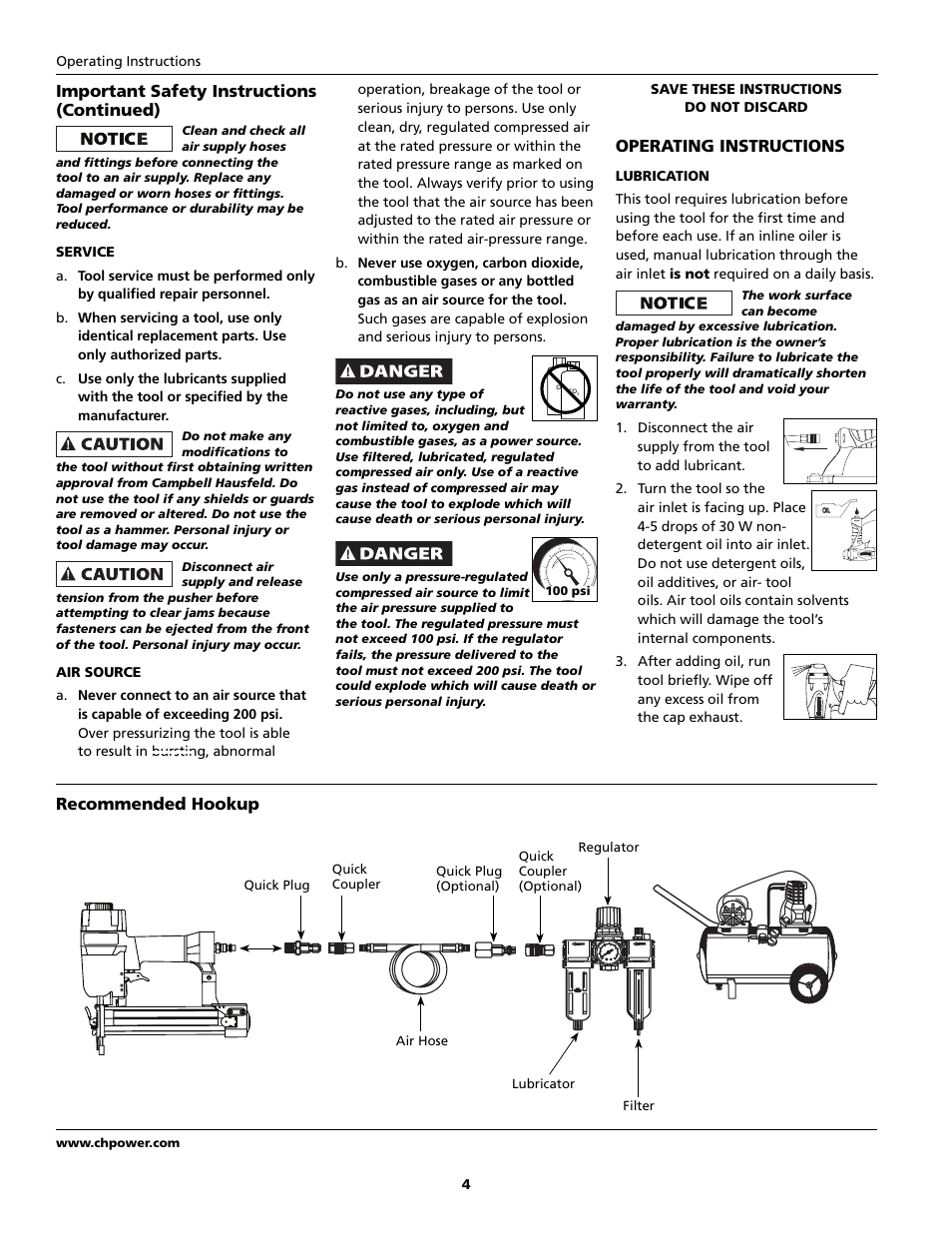 Important safety instructions (continued), Operating instructions, Recommended hookup | Campbell Hausfeld IFN328K0 User Manual | Page 4 / 32