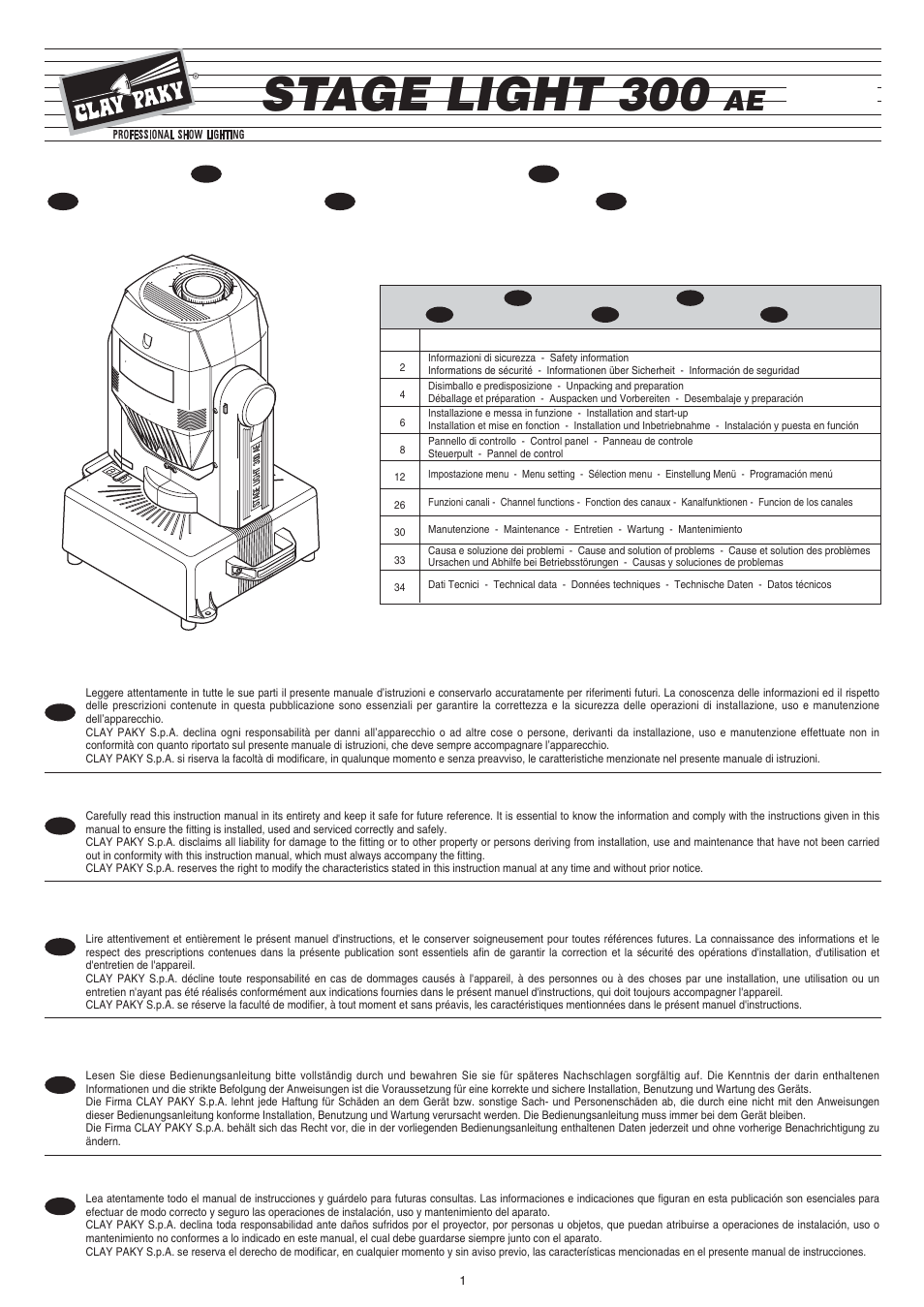 Clay Paky STAGE LIGHT 300 AE User Manual | 36 pages