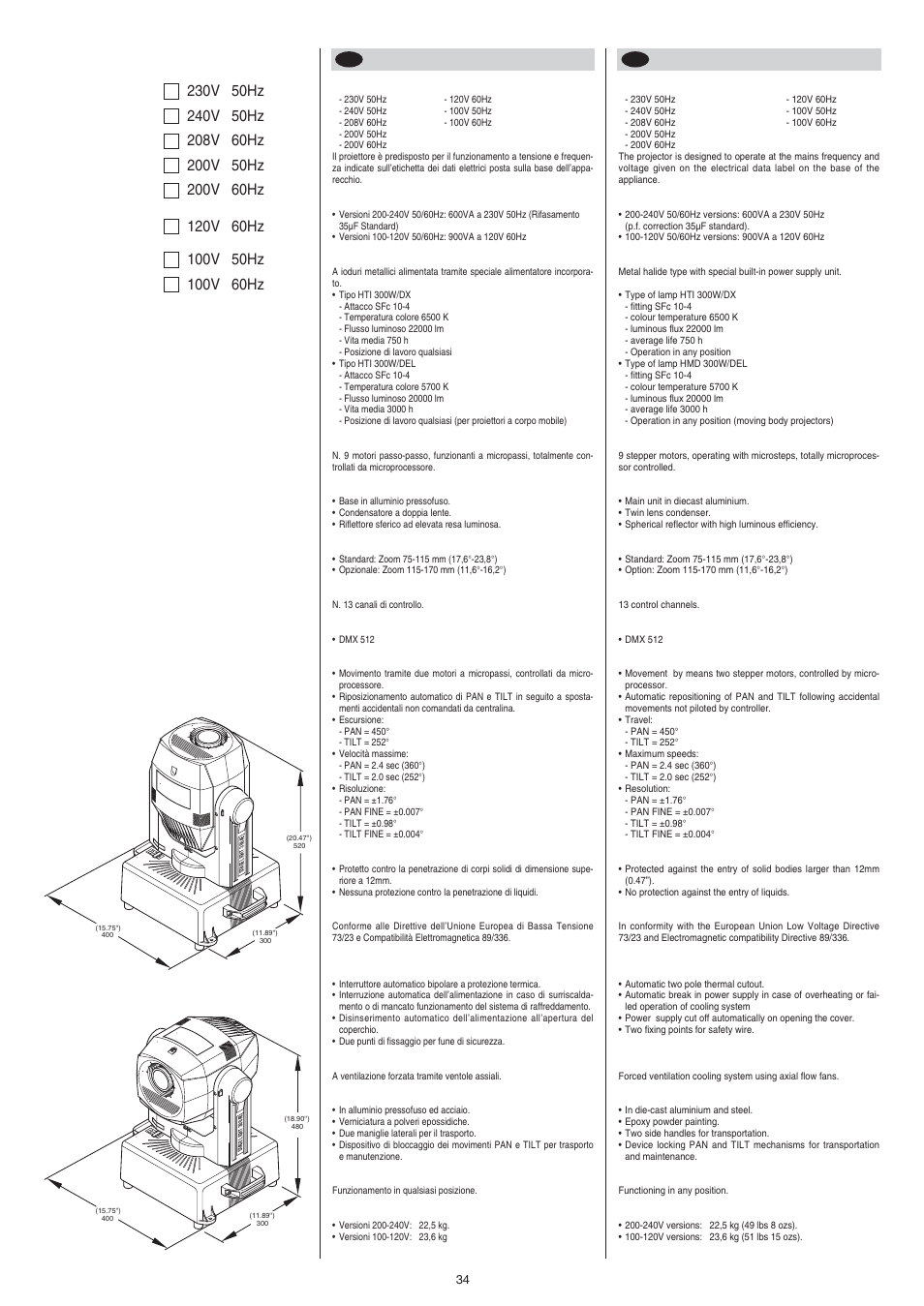 Dati tecnici technical information | Clay Paky STAGE LIGHT 300 AE User Manual | Page 34 / 36