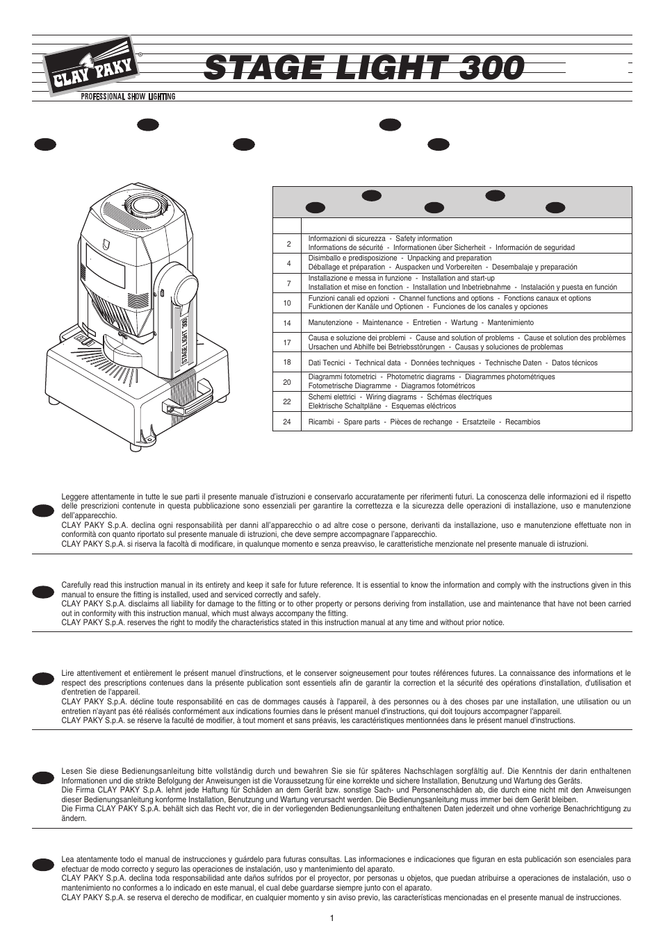 Clay Paky STAGE LIGHT 300 User Manual | 19 pages