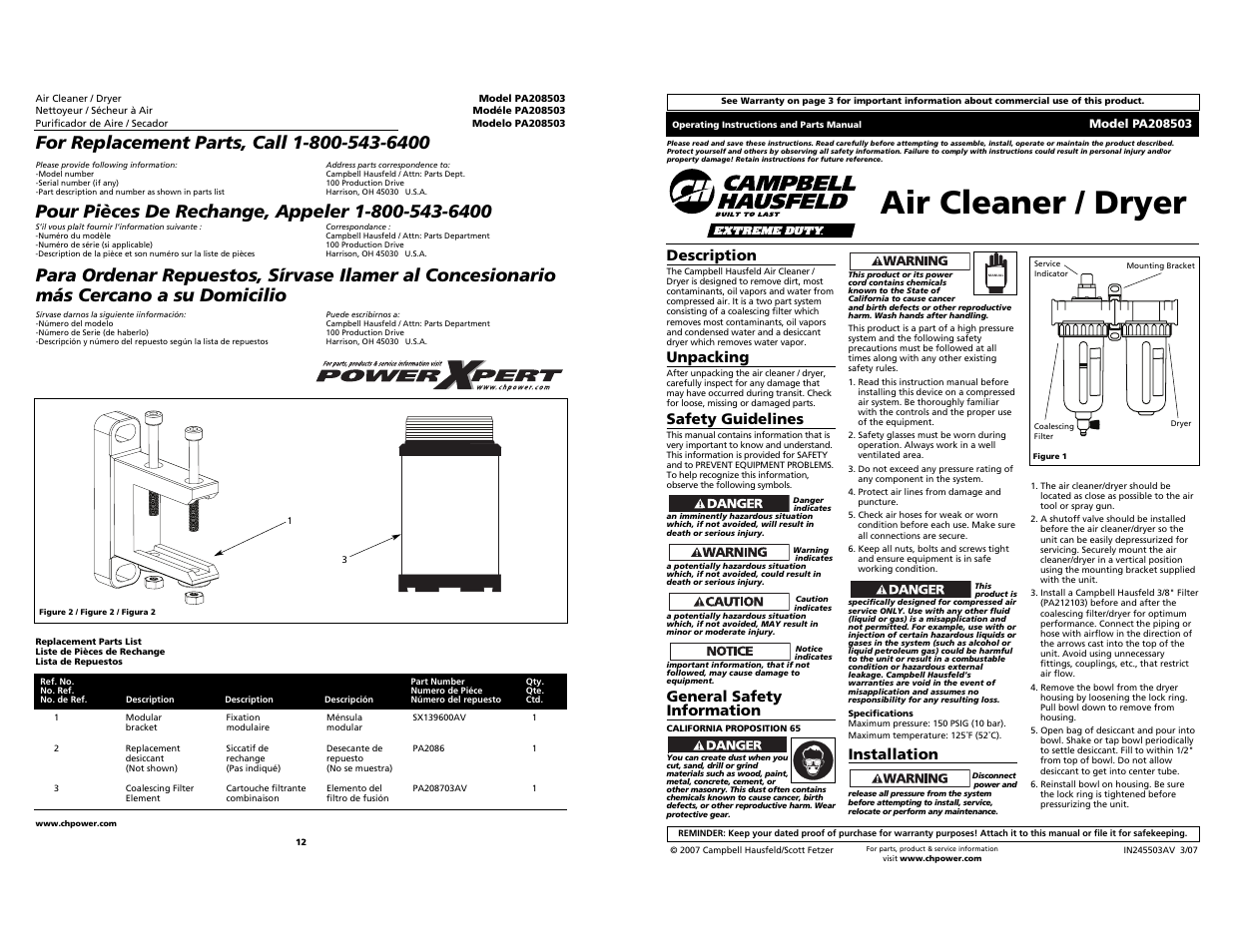 Campbell Hausfeld PA208503 User Manual | 6 pages