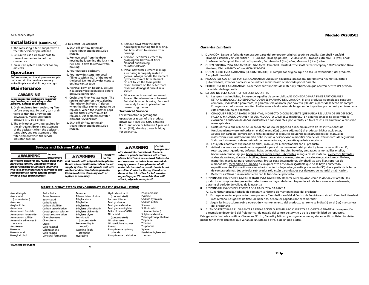 Operation, Maintenance, Installation | Campbell Hausfeld PA208503 User Manual | Page 2 / 6