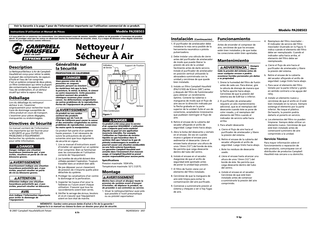 Nettoyeur / sécheur à air, Instalación, Funcionamiento | Mantenimiento, Description, Déballage, Directives de sécurité, Généralités sur la sécurité, Montage | Campbell Hausfeld PA208503 User Manual | Page 4 / 6