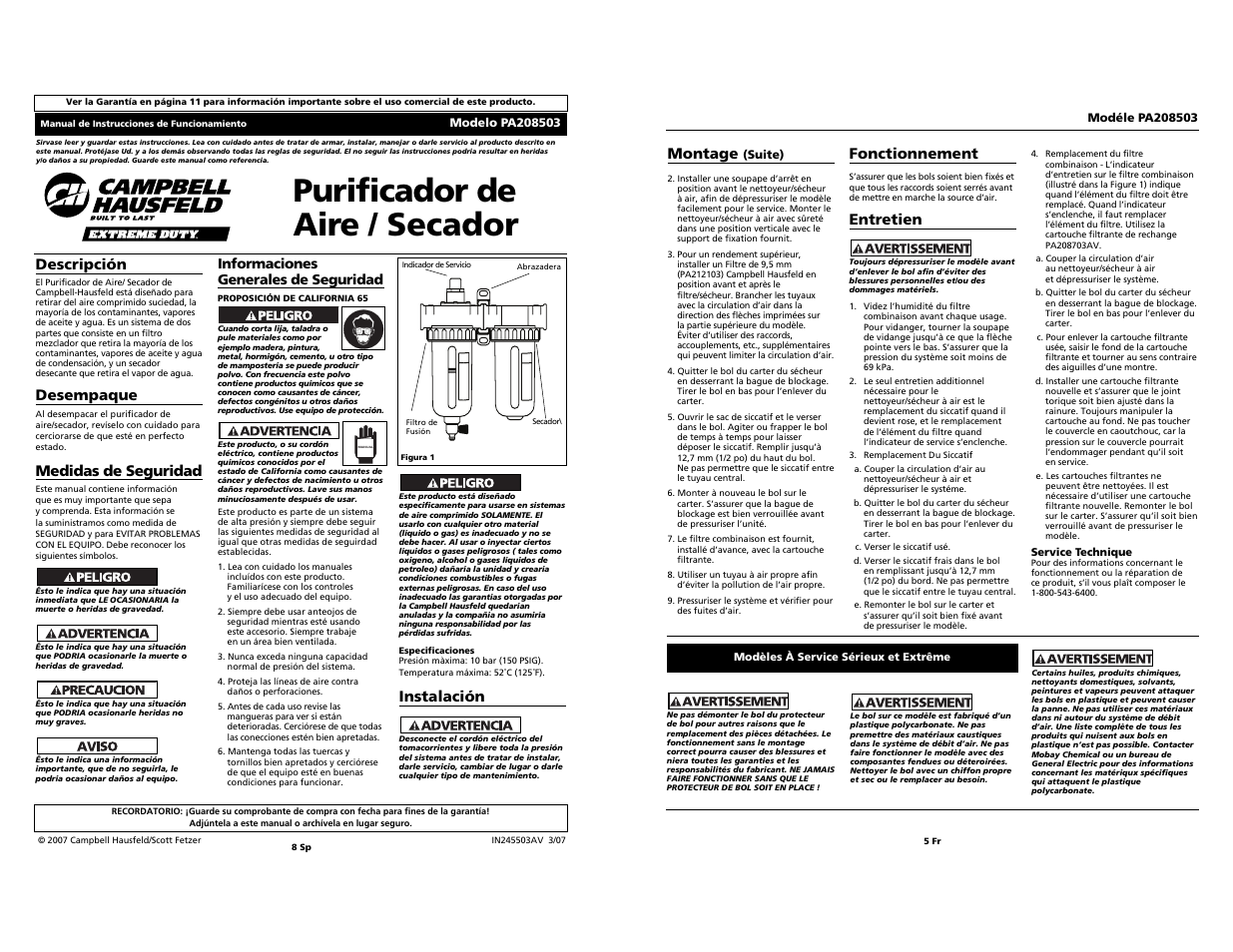 Purificador de aire / secador, Fonctionnement, Entretien | Descripción, Desempaque, Medidas de seguridad, Instalación, Montage | Campbell Hausfeld PA208503 User Manual | Page 5 / 6