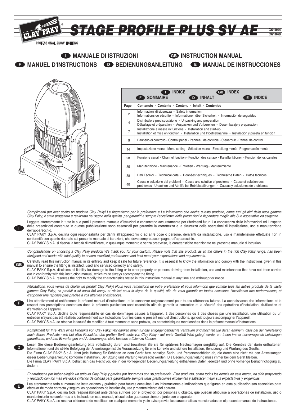 Clay Paky STAGE PROFILE PLUS SV AE User Manual | 40 pages