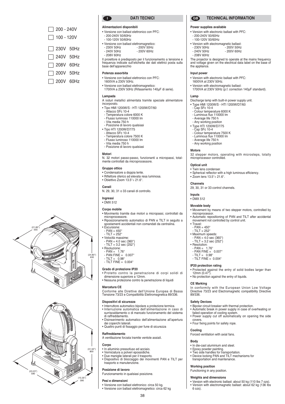 Dati tecnici technical information | Clay Paky STAGE PROFILE PLUS SV AE User Manual | Page 38 / 40