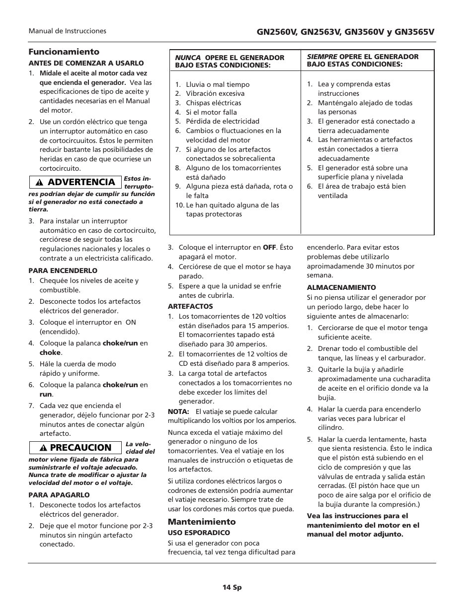 Precaucion, Advertencia | Campbell Hausfeld GN3565V User Manual | Page 14 / 16