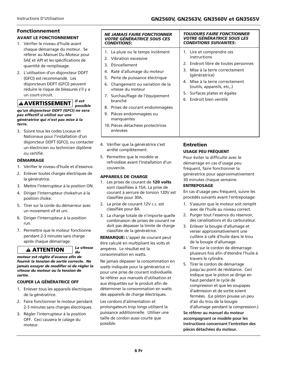 Attention, Avertissement | Campbell Hausfeld GN3565V User Manual | Page 6 / 16