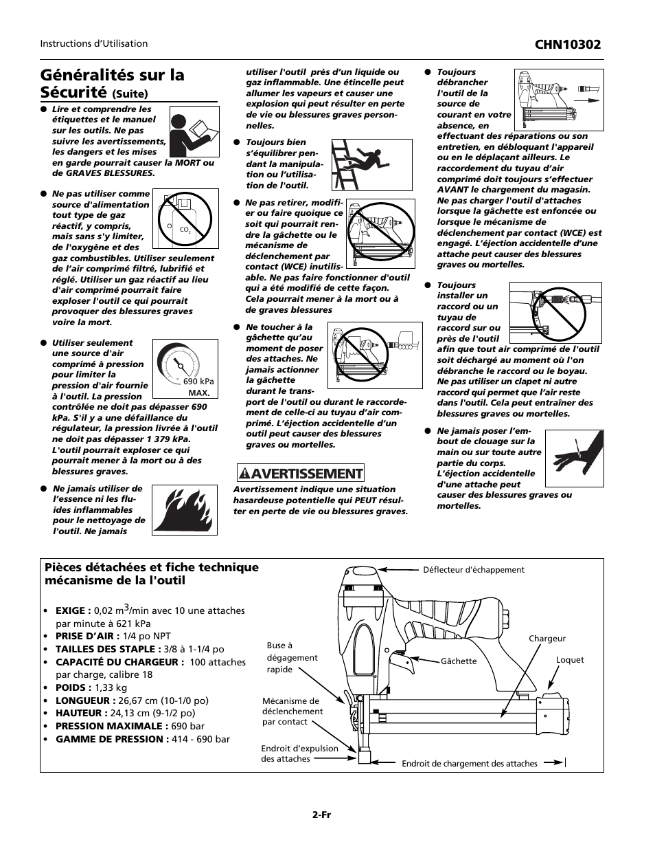 Généralités sur la sécurité, Avertissement | Campbell Hausfeld CHN10302 User Manual | Page 10 / 24