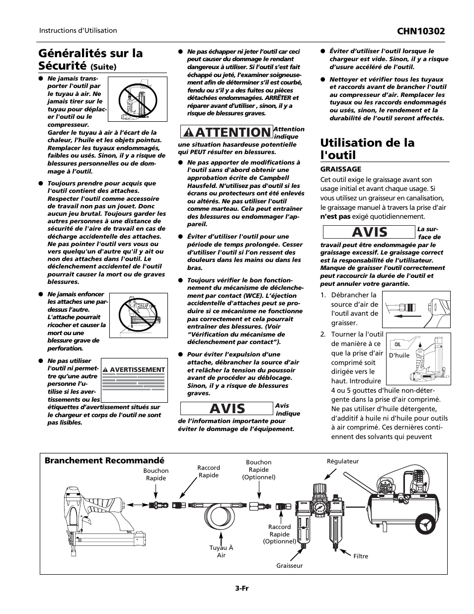 Avis, Attention, Généralités sur la sécurité | Utilisation de la l'outil, Branchement recommandé | Campbell Hausfeld CHN10302 User Manual | Page 11 / 24