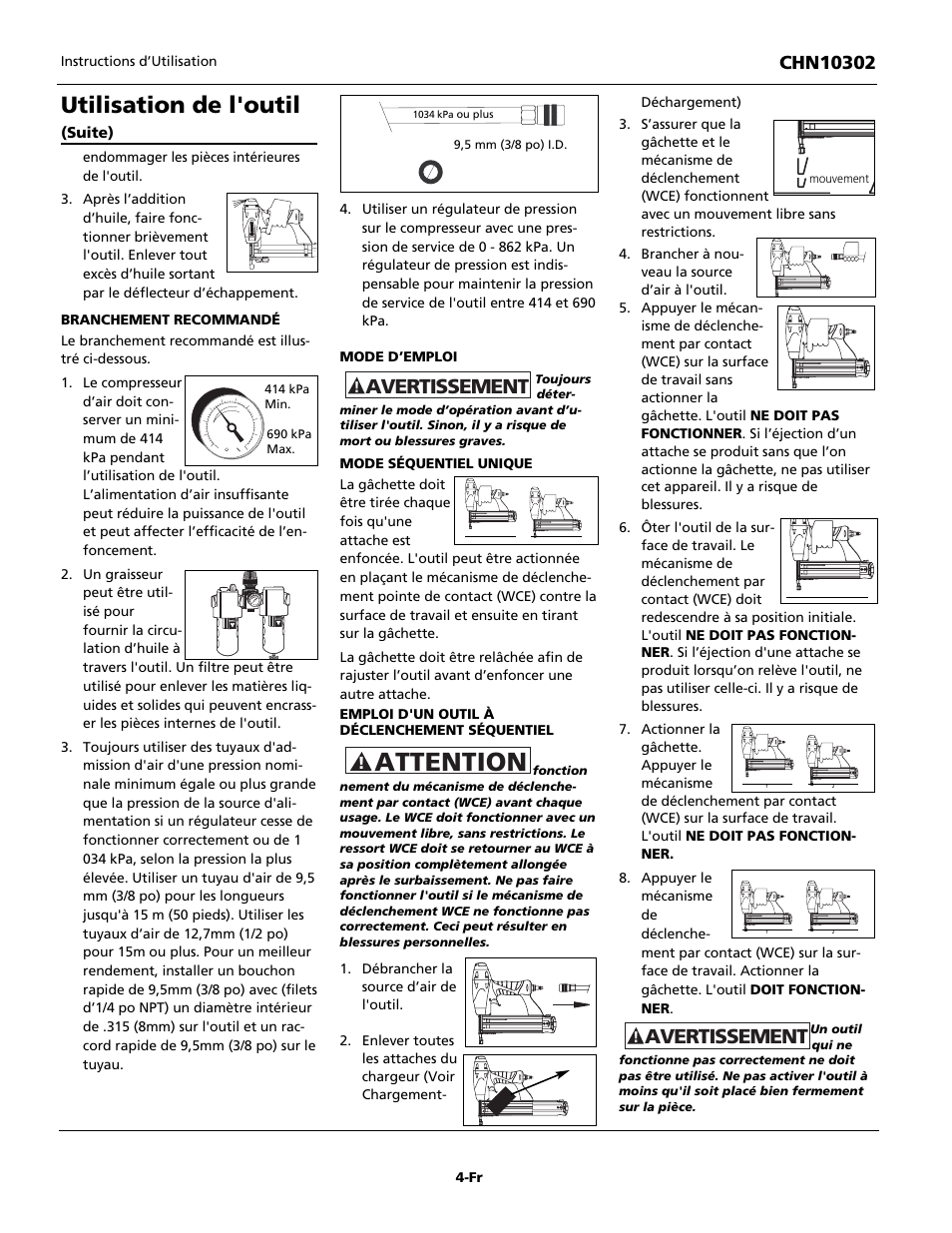 Attention, Utilisation de l'outil, Avertissement | Campbell Hausfeld CHN10302 User Manual | Page 12 / 24