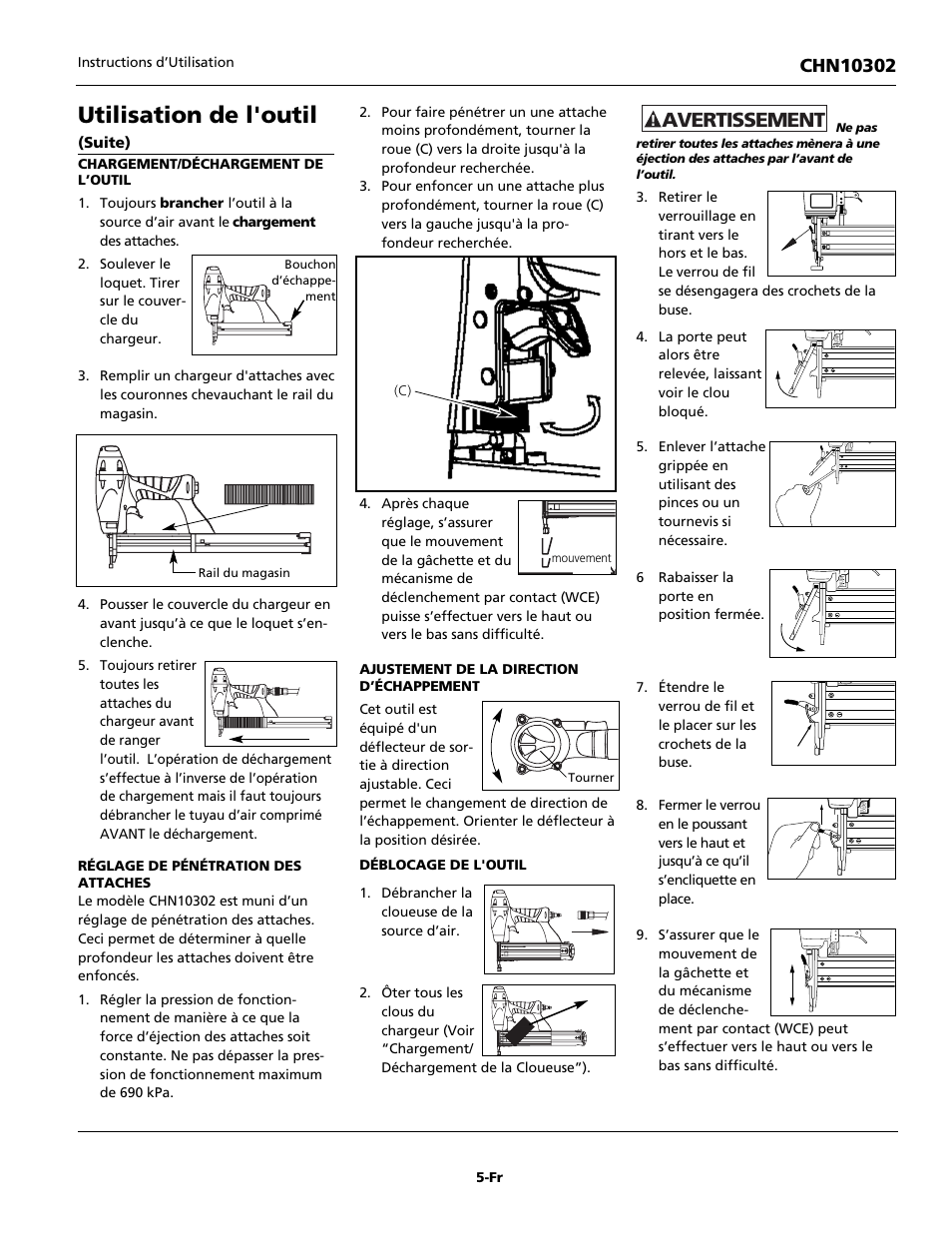 Utilisation de l'outil, Avertissement | Campbell Hausfeld CHN10302 User Manual | Page 13 / 24