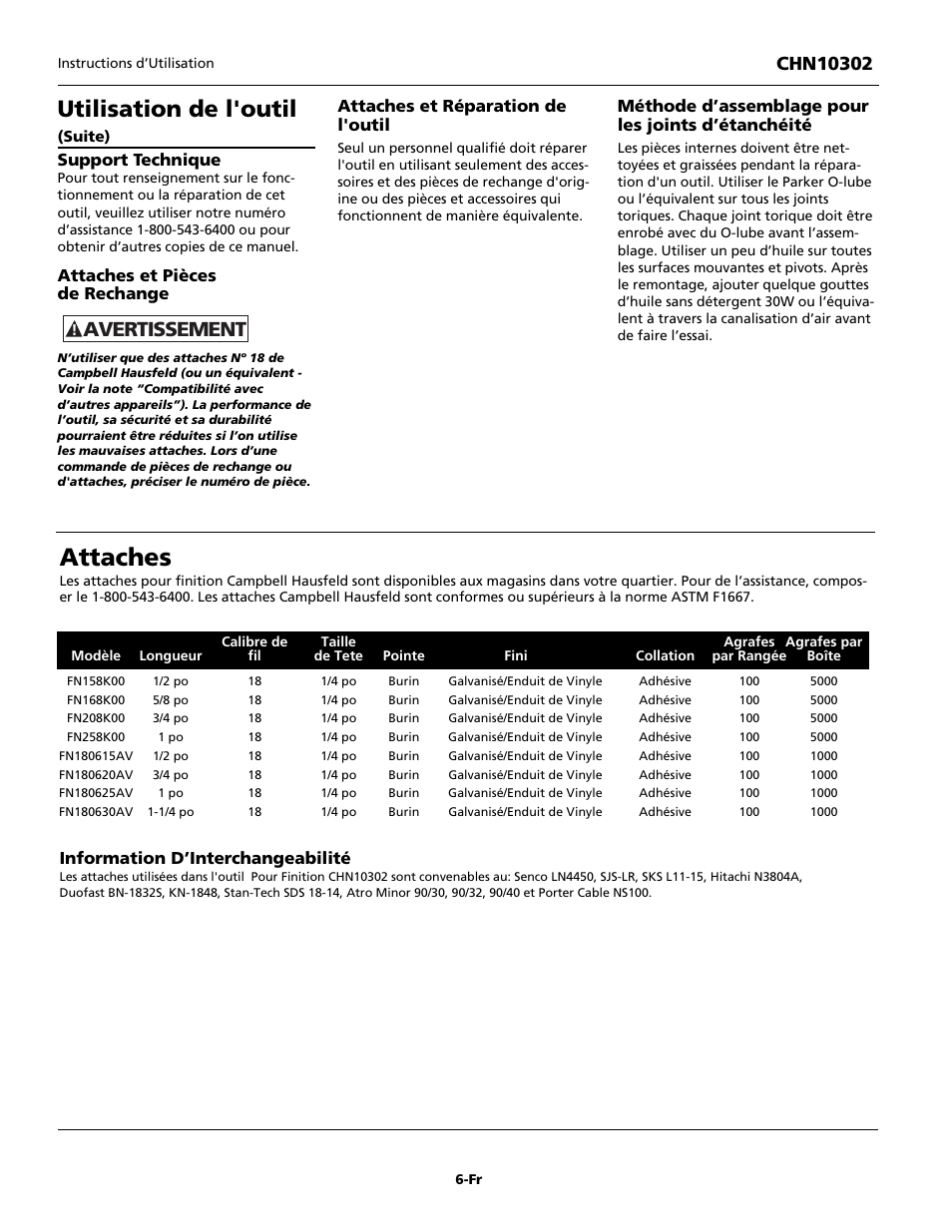 Attaches, Utilisation de l'outil, Avertissement | Support technique, Attaches et pièces de rechange, Attaches et réparation de l'outil, Méthode d’assemblage pour les joints d’étanchéité, Information d’interchangeabilité | Campbell Hausfeld CHN10302 User Manual | Page 14 / 24