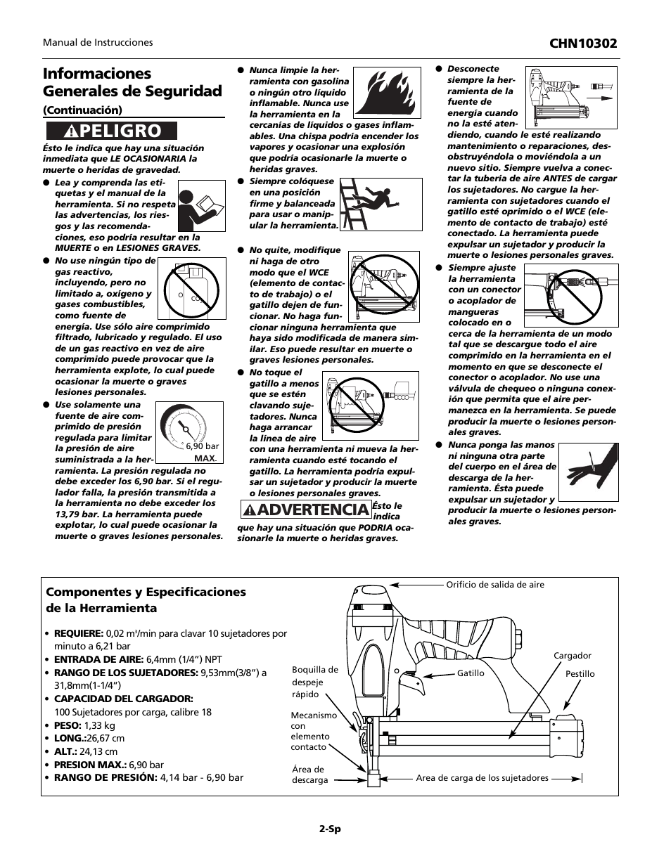 Peligro, Advertencia, Informaciones generales de seguridad | Componentes y especificaciones de la herramienta | Campbell Hausfeld CHN10302 User Manual | Page 18 / 24