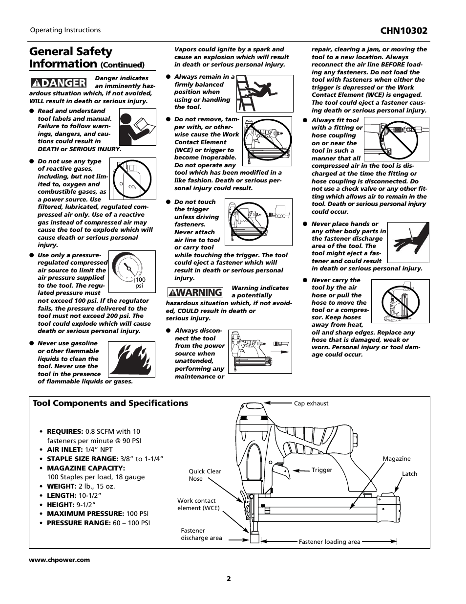 General safety information, Danger, Warning | Tool components and specifications | Campbell Hausfeld CHN10302 User Manual | Page 2 / 24