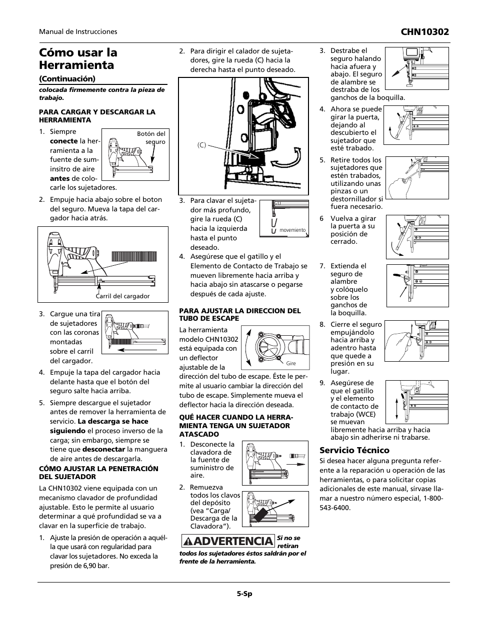Cómo usar la herramienta, Advertencia | Campbell Hausfeld CHN10302 User Manual | Page 21 / 24