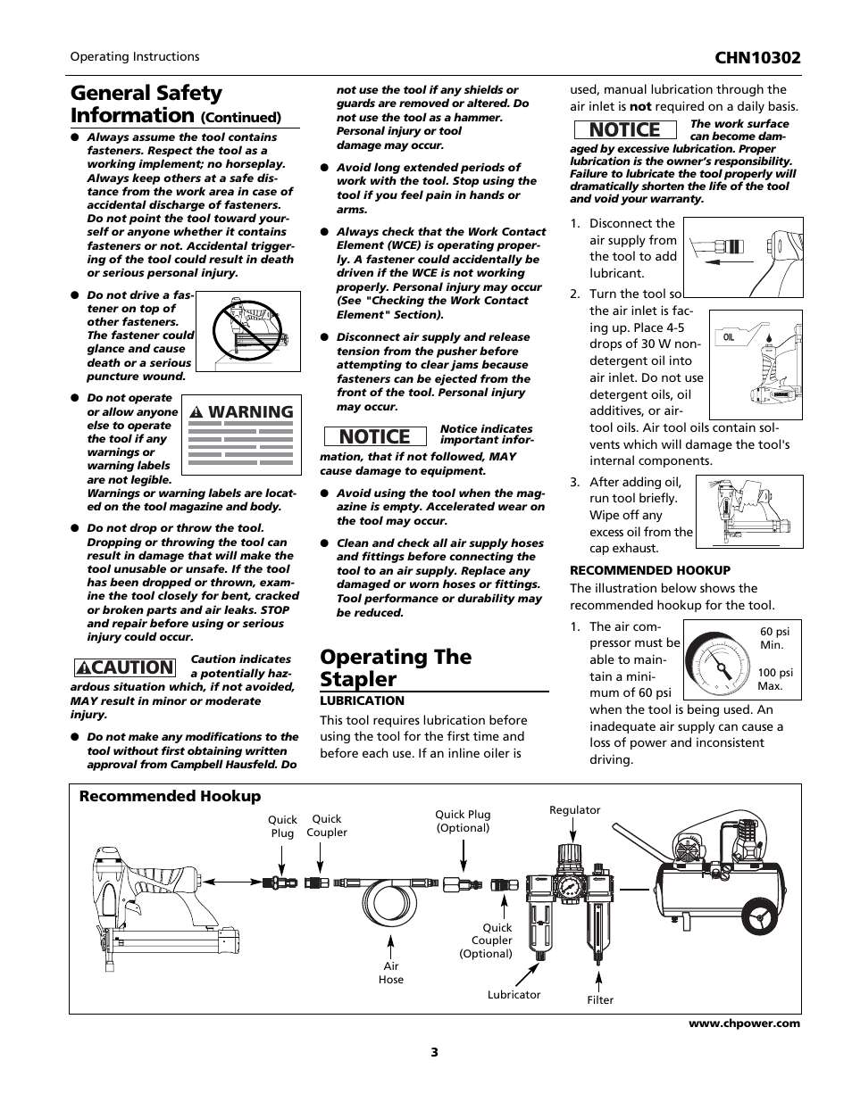 General safety information, Operating the stapler, Notice | Caution, Warning, Recommended hookup | Campbell Hausfeld CHN10302 User Manual | Page 3 / 24