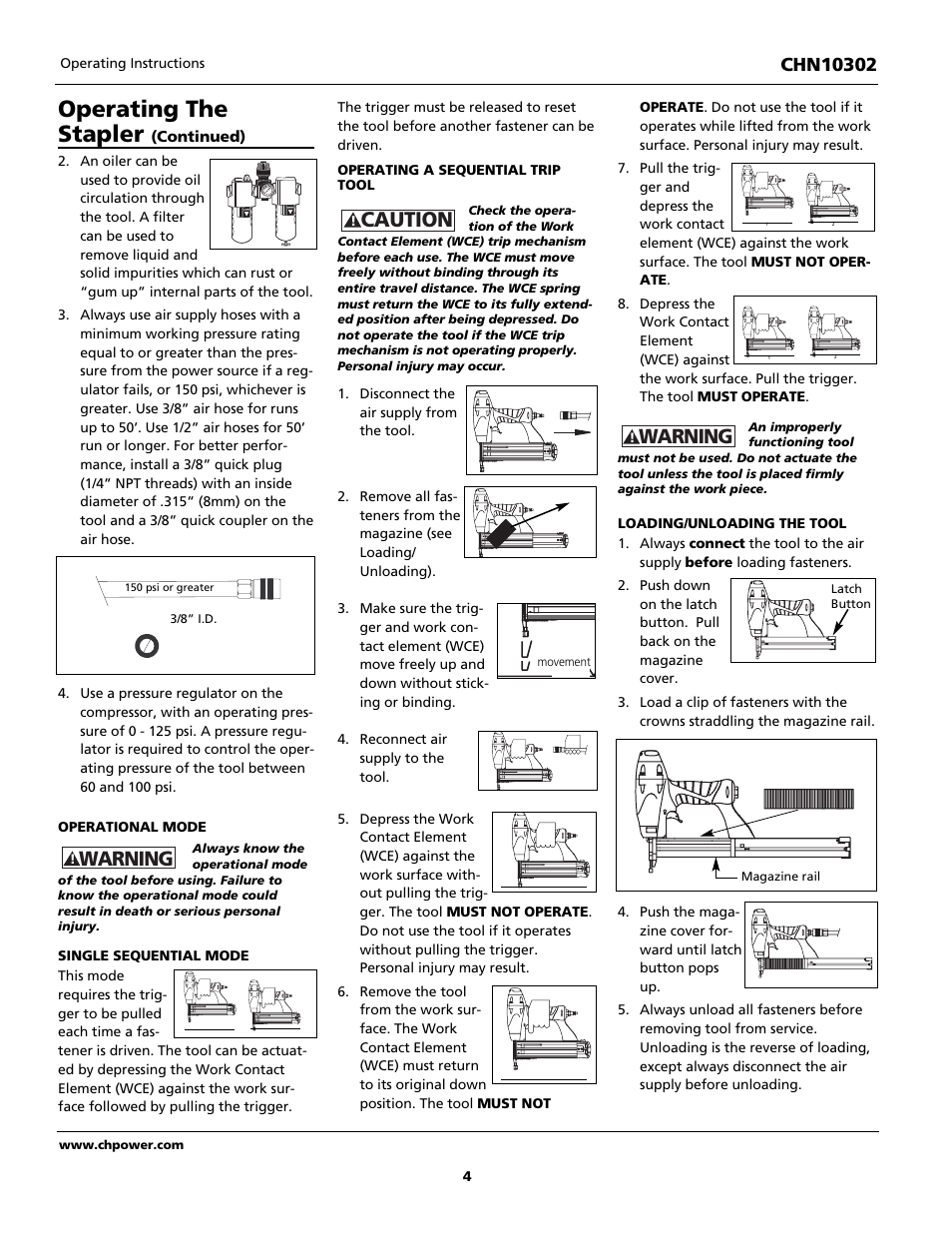 Operating the stapler, Caution, Warning | Campbell Hausfeld CHN10302 User Manual | Page 4 / 24