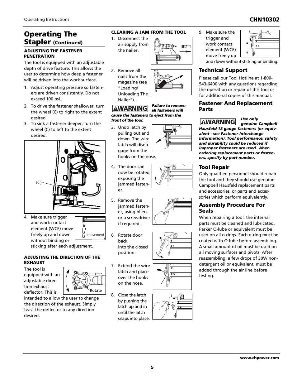 Operating the stapler, Warning | Campbell Hausfeld CHN10302 User Manual | Page 5 / 24