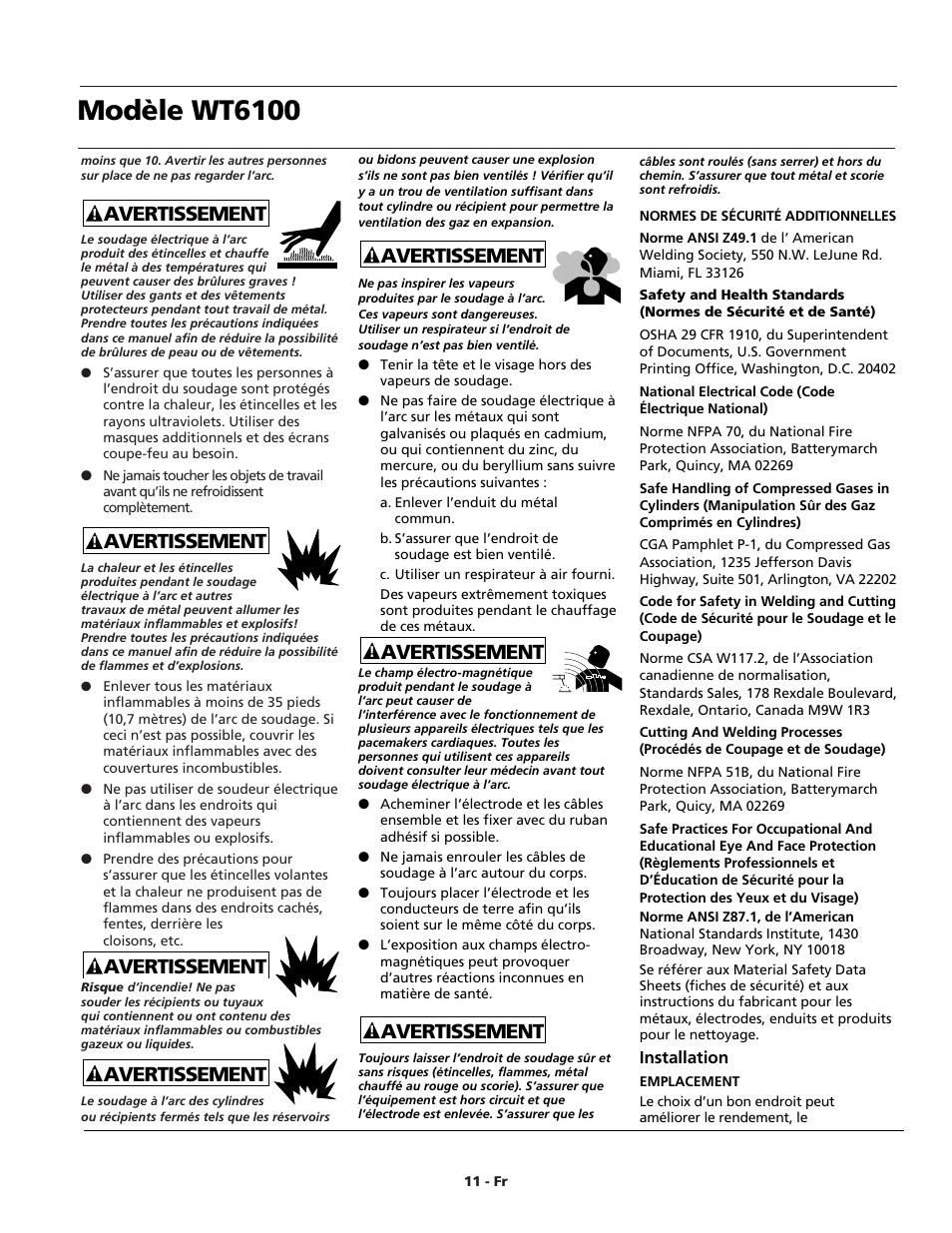 Modèle wt6100, Avertissement | Campbell Hausfeld WT6100 User Manual | Page 11 / 24