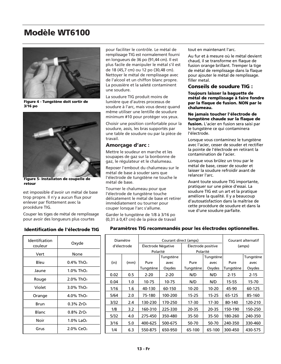 Modèle wt6100, Amorçage d’arc, Conseils de soudure tig | Campbell Hausfeld WT6100 User Manual | Page 13 / 24