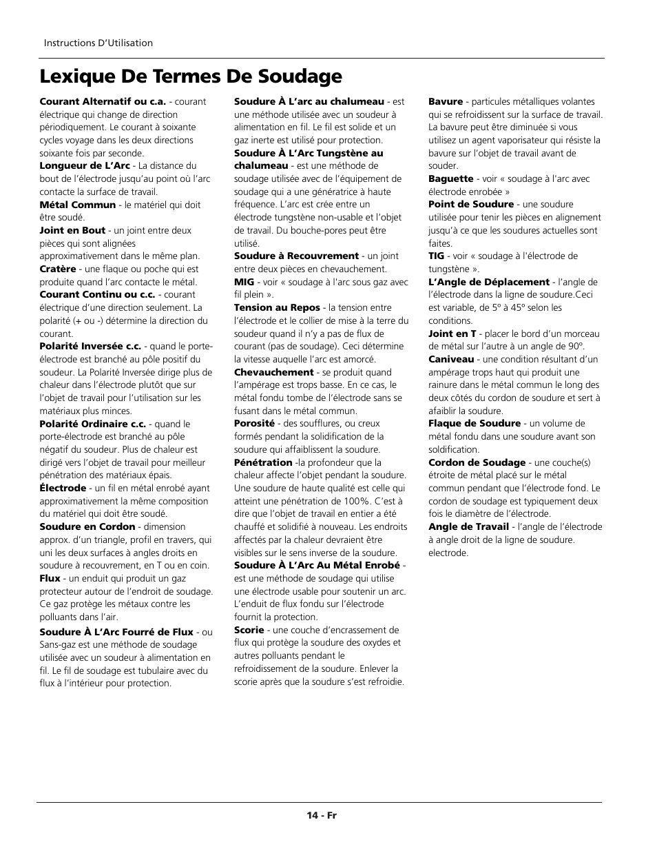 Lexique de termes de soudage | Campbell Hausfeld WT6100 User Manual | Page 14 / 24