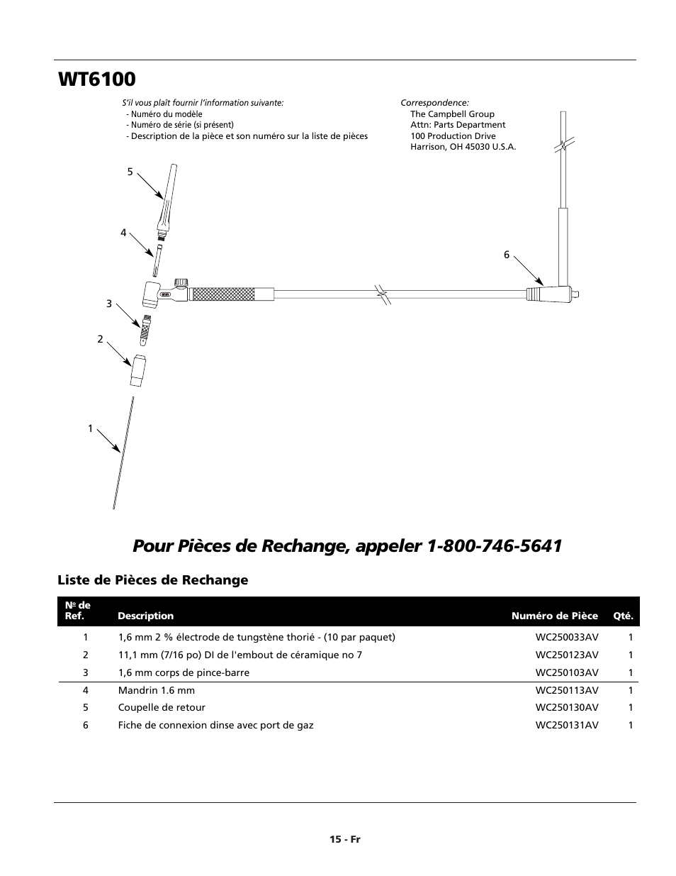 Wt6100, Liste de pièces de rechange | Campbell Hausfeld WT6100 User Manual | Page 15 / 24