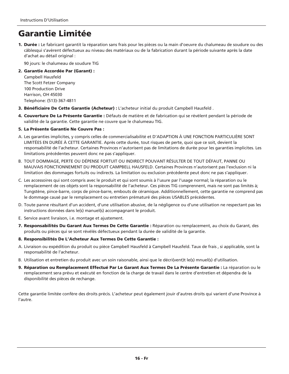 Garantie limitée | Campbell Hausfeld WT6100 User Manual | Page 16 / 24