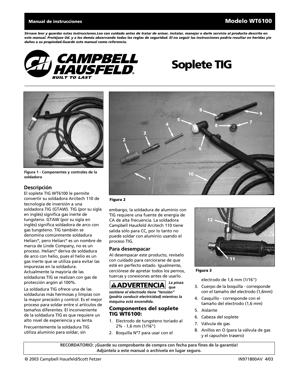 Soplete tig, Advertencia, Modelo wt6100 | Campbell Hausfeld WT6100 User Manual | Page 17 / 24