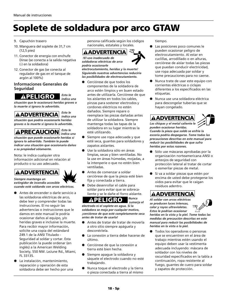 Soplete de soldadura por arco gtaw, Peligro, Precaucion | Advertencia | Campbell Hausfeld WT6100 User Manual | Page 18 / 24