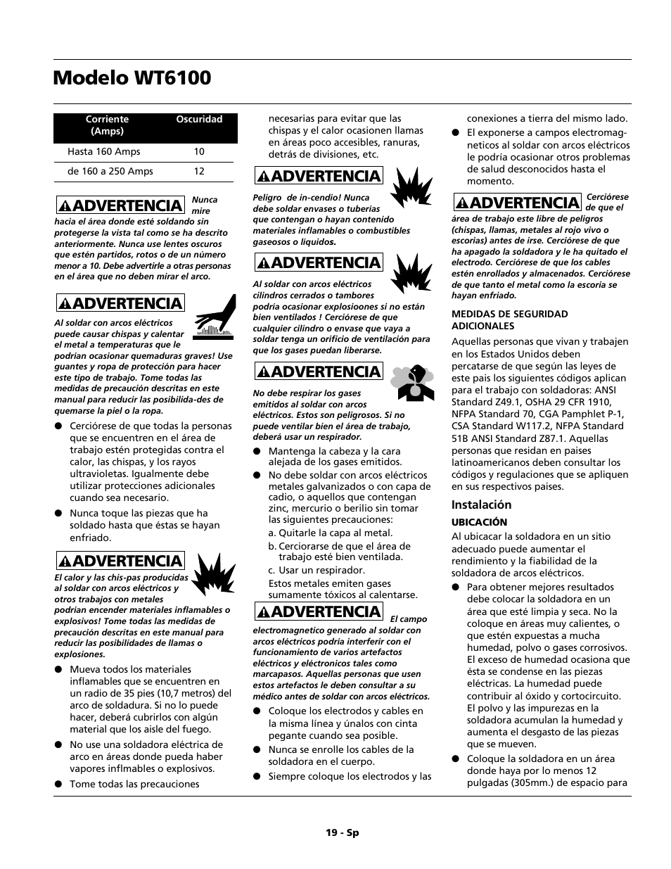 Modelo wt6100, Advertencia | Campbell Hausfeld WT6100 User Manual | Page 19 / 24