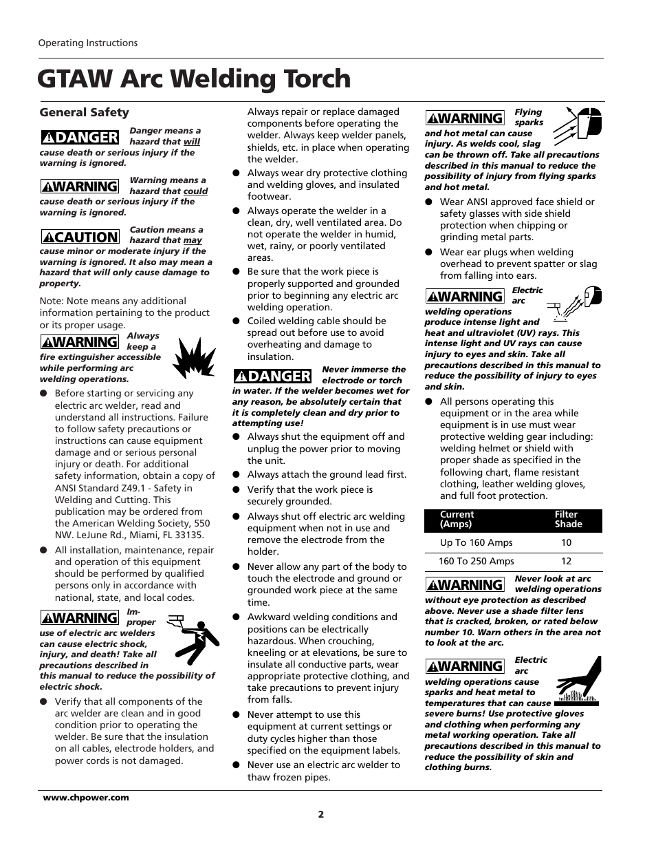 Gtaw arc welding torch, Caution, Danger | Warning | Campbell Hausfeld WT6100 User Manual | Page 2 / 24