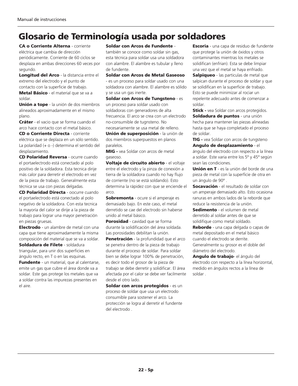 Glosario de terminología usada por soldadores | Campbell Hausfeld WT6100 User Manual | Page 22 / 24