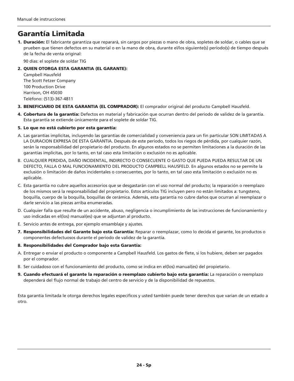 Garantía limitada | Campbell Hausfeld WT6100 User Manual | Page 24 / 24