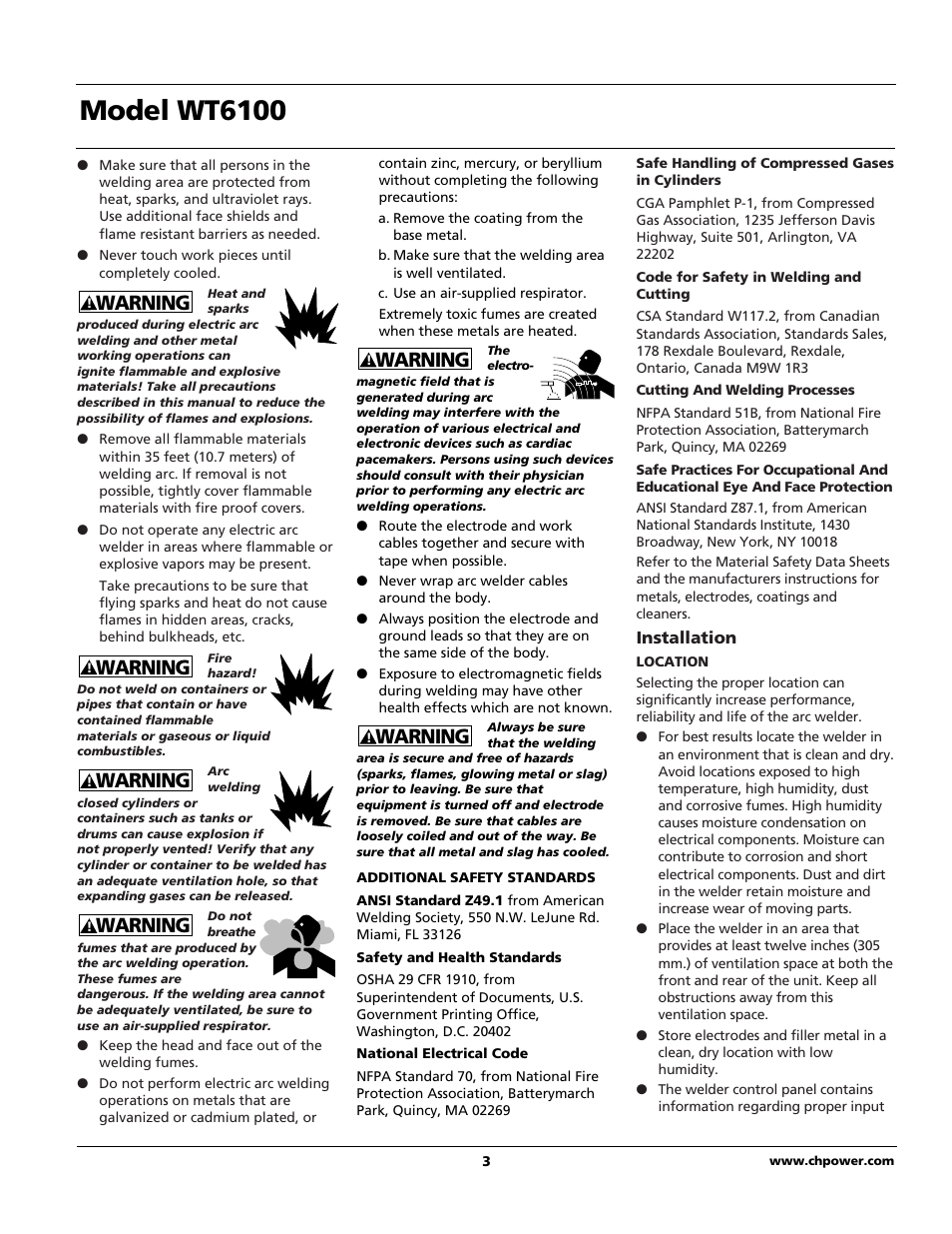 Model wt6100, Warning | Campbell Hausfeld WT6100 User Manual | Page 3 / 24