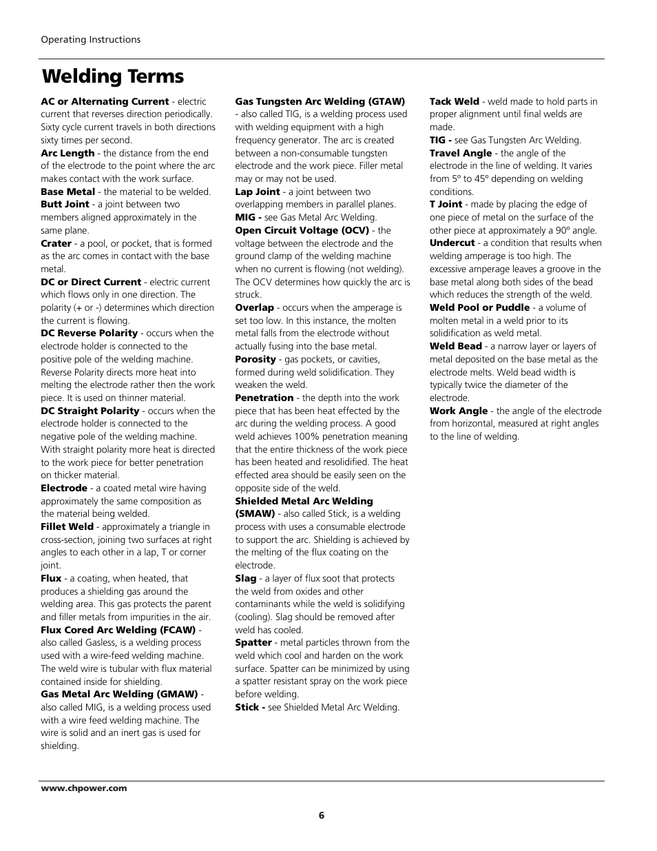 Welding terms | Campbell Hausfeld WT6100 User Manual | Page 6 / 24