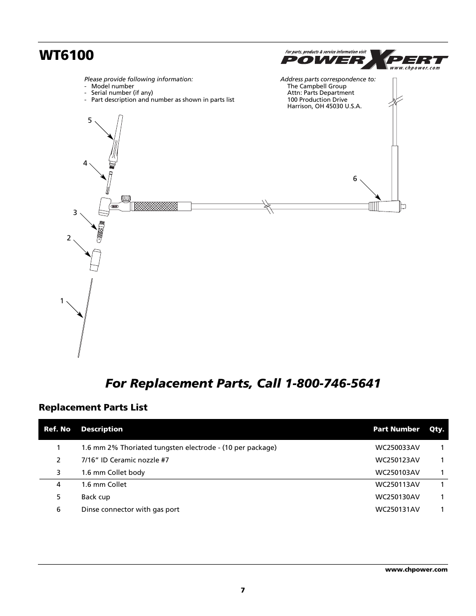 Wt6100, Replacement parts list | Campbell Hausfeld WT6100 User Manual | Page 7 / 24