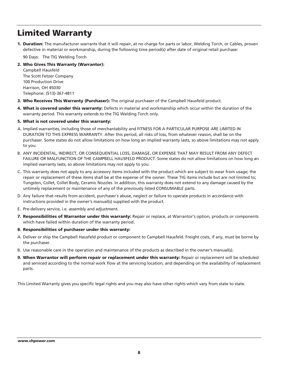Limited warranty | Campbell Hausfeld WT6100 User Manual | Page 8 / 24