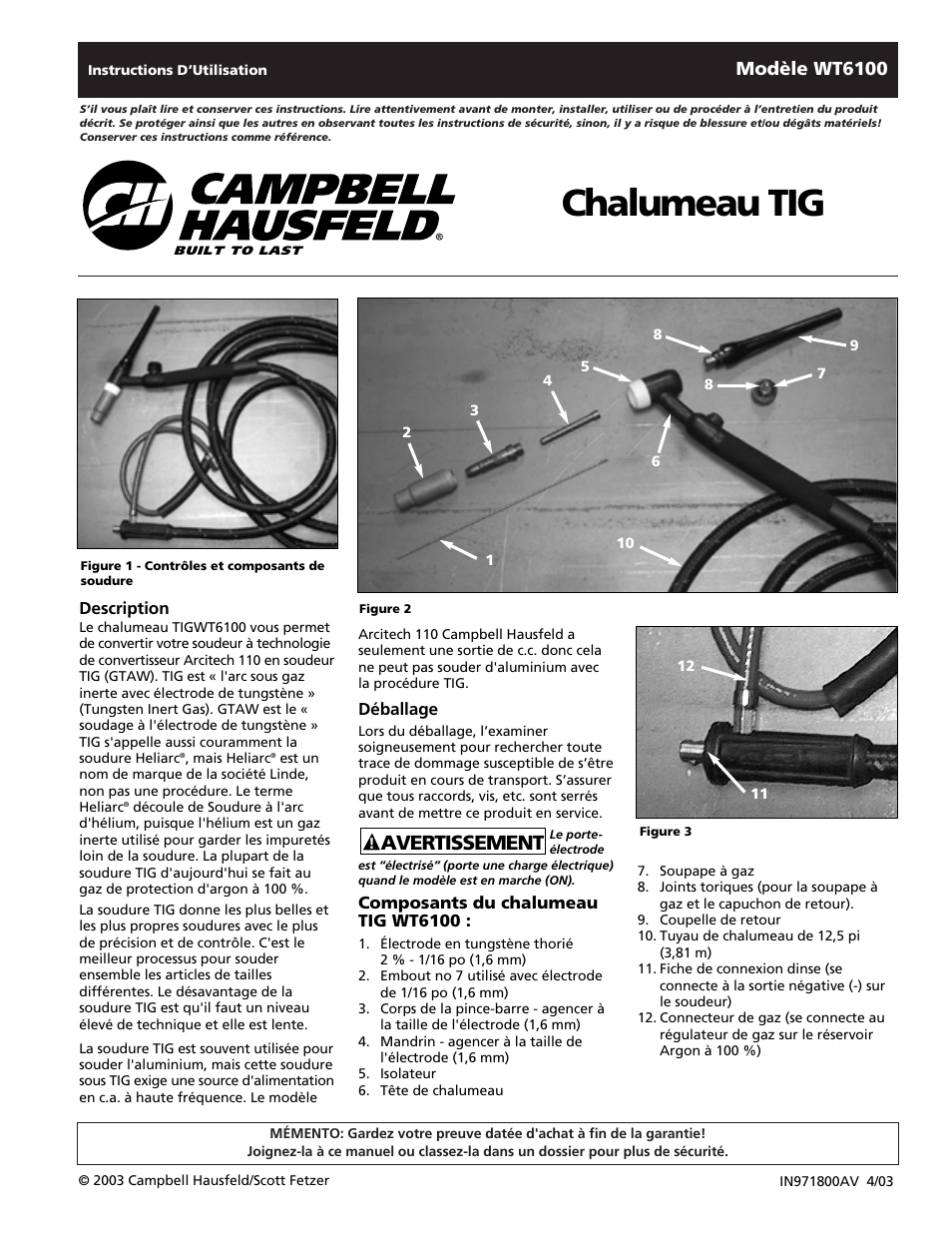 Chalumeau tig, Avertissement, Modèle wt6100 | Campbell Hausfeld WT6100 User Manual | Page 9 / 24