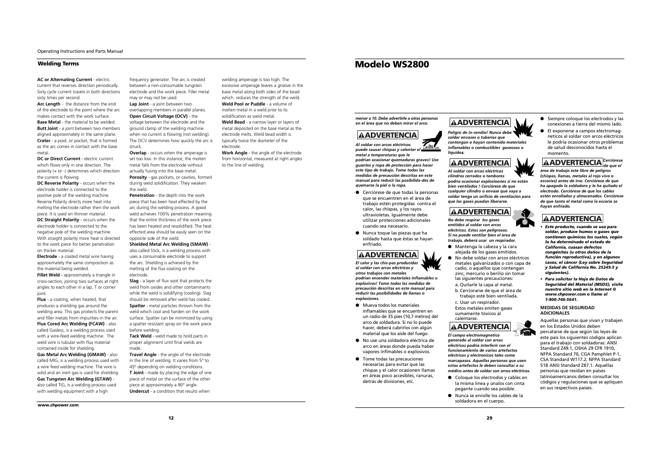 Modelo ws2800, Advertencia | Campbell Hausfeld WS2800 User Manual | Page 12 / 20