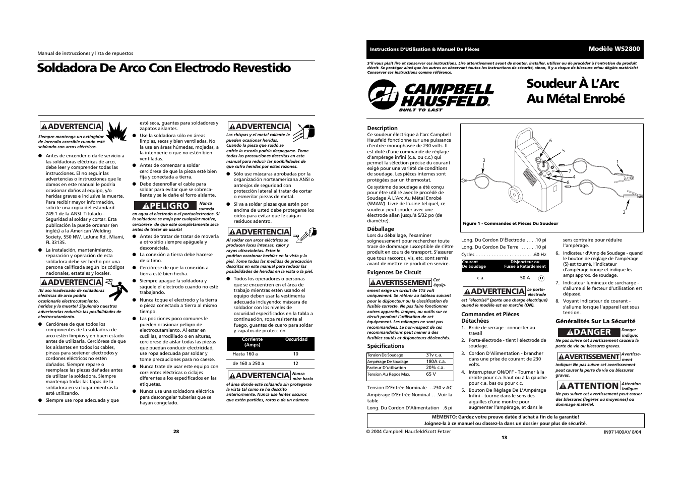 Soldadora de arco con electrodo revestido, Soudeur à l’arc au métal enrobé, Peligro | Attention, Danger, Advertencia | Campbell Hausfeld WS2800 User Manual | Page 13 / 20